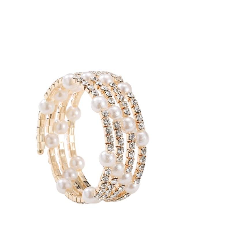 Multi-layer Rhinestone Pearl Bracelet, Winding Open Bracelet, Claw Diamond Bride Elastic Bracelet.