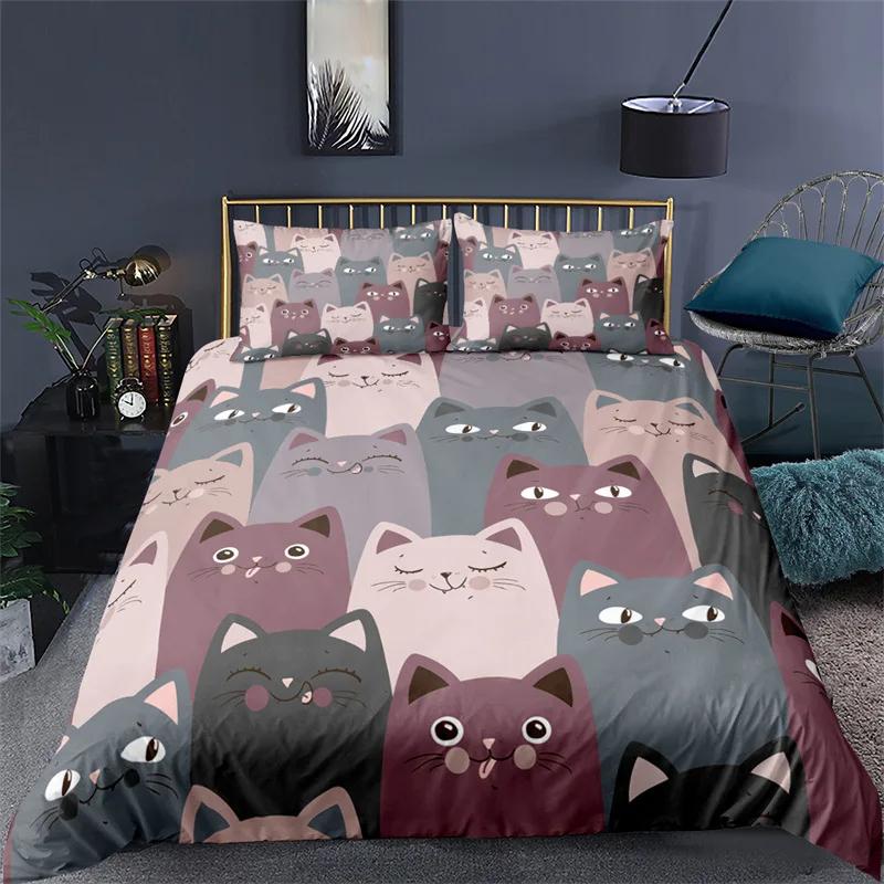 Kawaii Animal Duvet Cover Cute Cat Bedding Set For Girls Boys Kids, Pet Theme Cartoon Kitten Comforter Cover Lovely Cat Bed Set