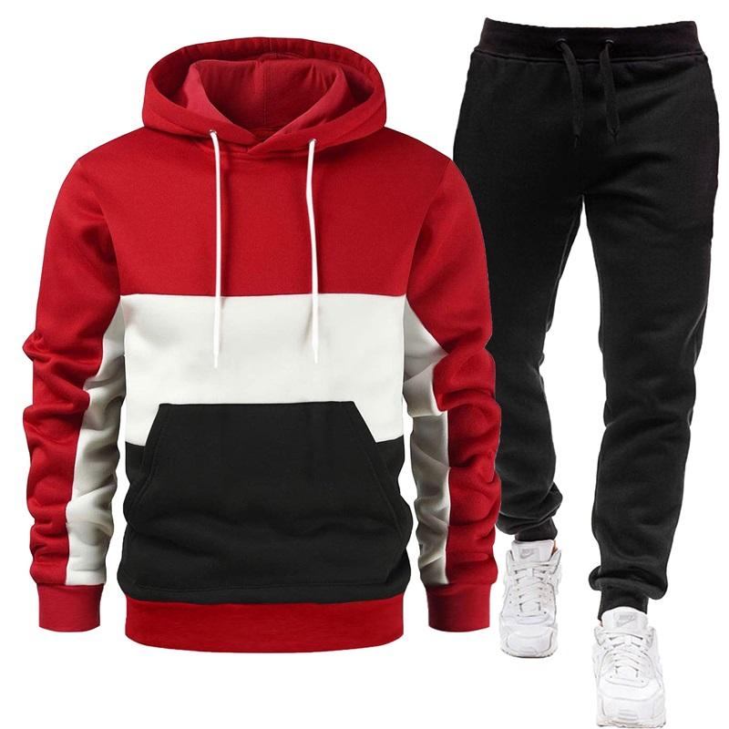 Men's Color Block Hoodie & Sweatpants Set Casual 2PCS Tracksuit, Drawstring Sportswear Outfit