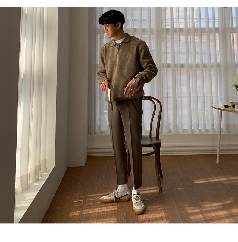 Men's Casual Loose Fit Polo Collar Knit Sweater - Autumn Solid Color Korean Hong Kong Style