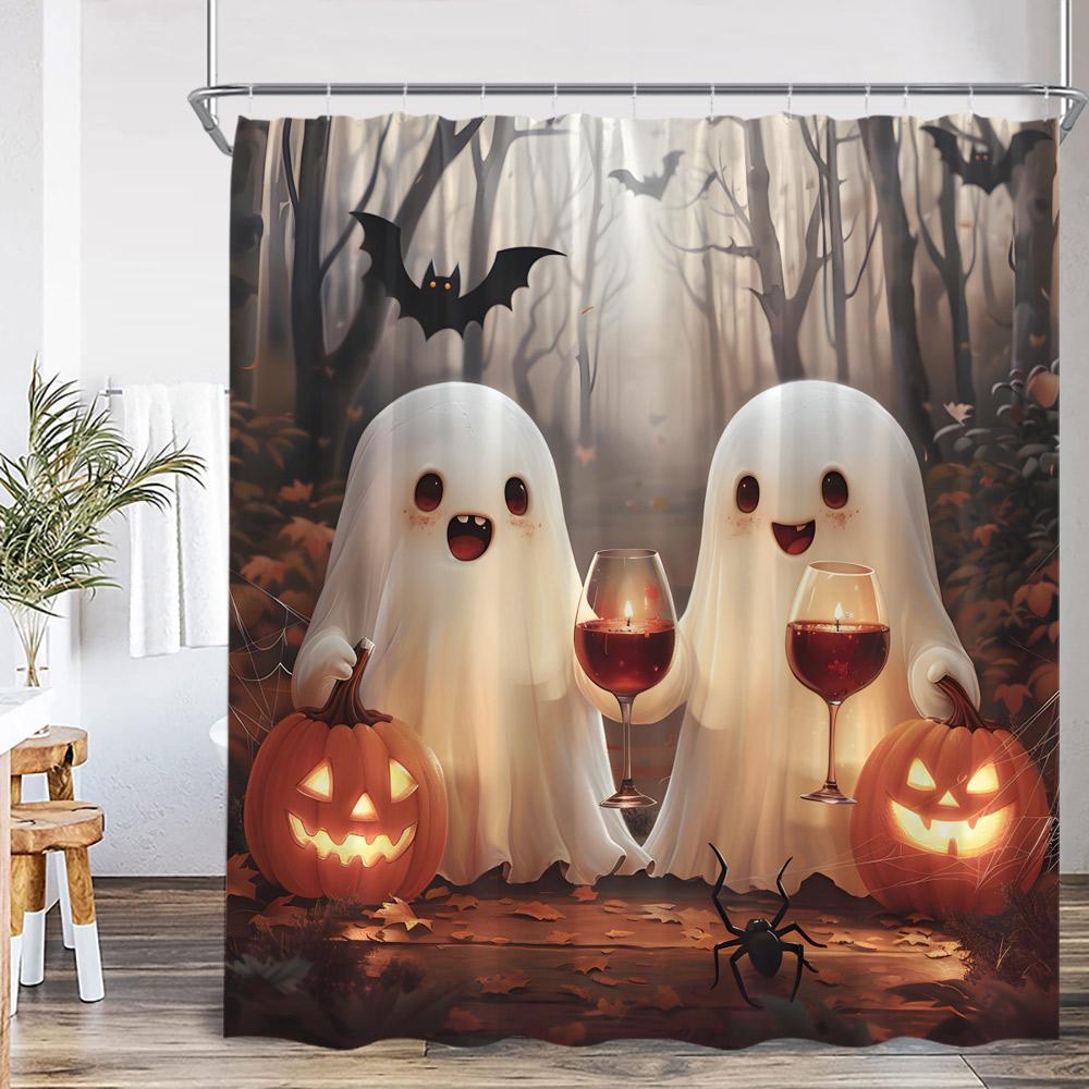 

White Ghost Halloween Spectre Shower Curtain Pumpkin Lanten Spooky Happy Halloween Bathroom Decor Polyester Fabric Bath Curtain 90x180cm-35x70in