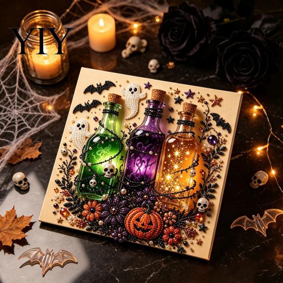 3D Bead Painting Sets Halloween Faux Pearl Art Kit, Pumpkin Ghost DIY Kit Craft Set for Adults, Handmade Wall Immersive Decoration Projects