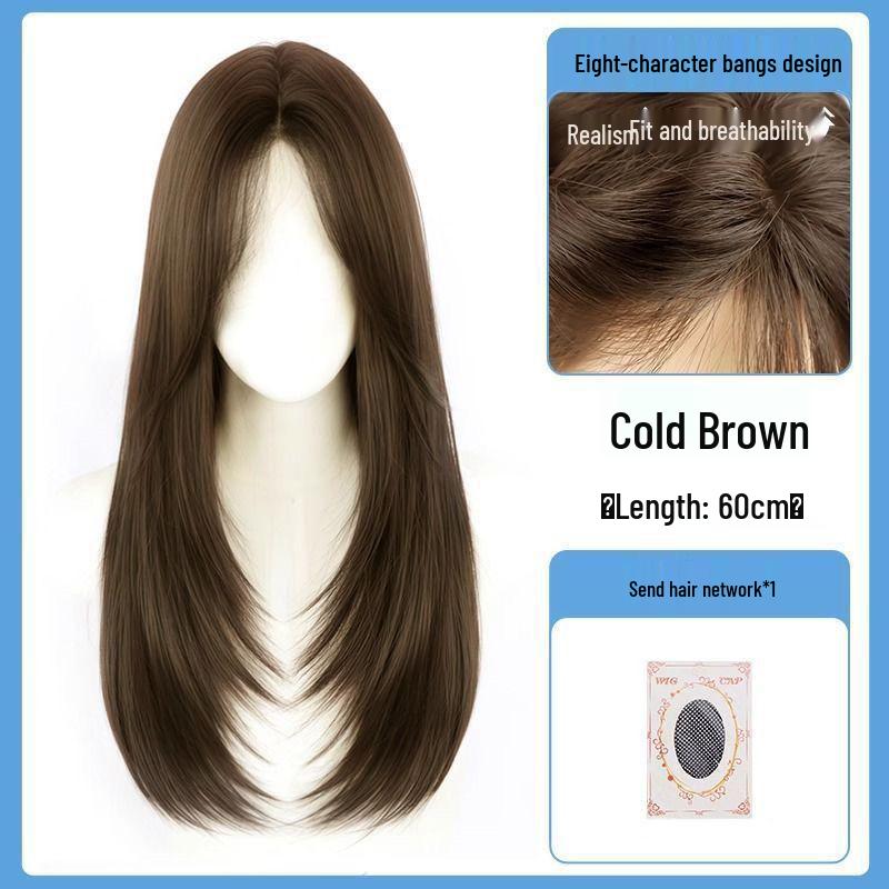 Confession Balloon Women's Long Black Tea-Colored Straight Wig, Natural Lolita Style, Full Head Cover, Middle Part.