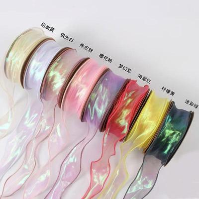 Iridescent 4cm Fish Tail Gauze Ribbon with Wavy Edge for Floral Packaging and Satin Bows