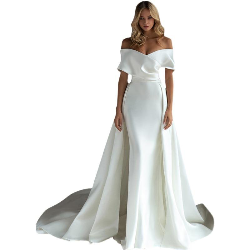French Satin Light Wedding Dress 1011 New One-word Shoulder Trailing Temperament Simple Hepburn Style Main Wedding Dress