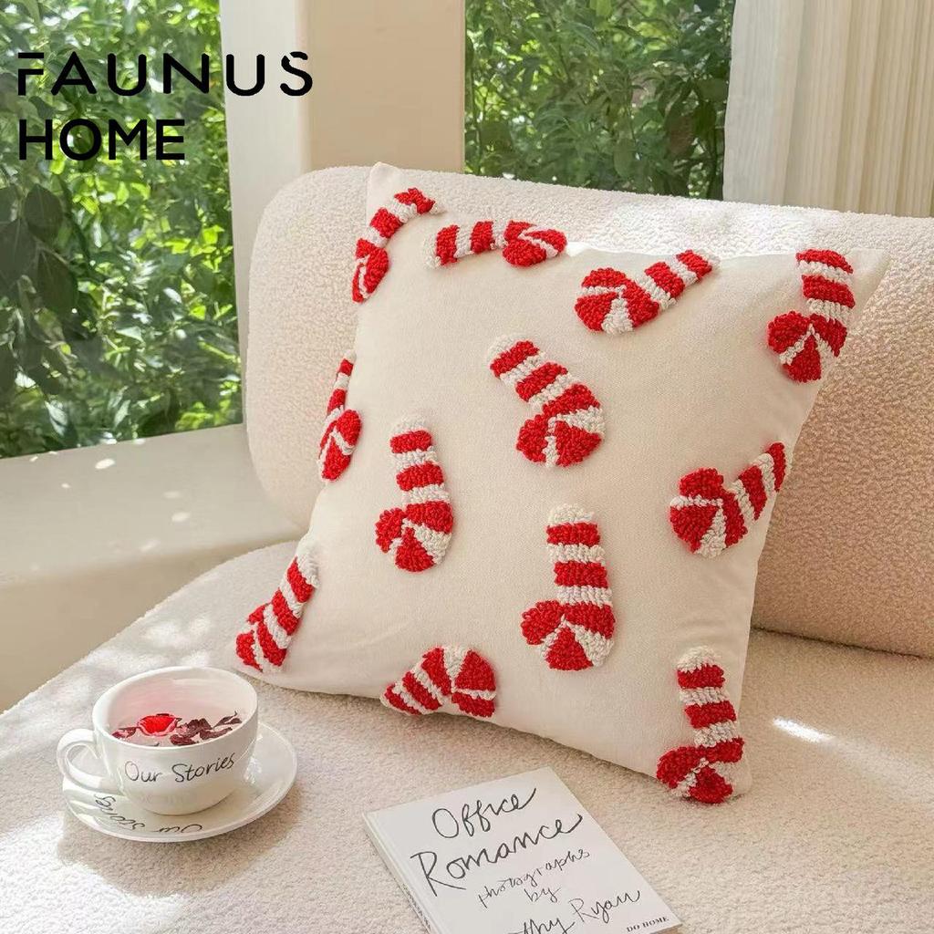 Christmas Embroidery Candy Cane & Santa Hat Tufted Throw Pillow Cover