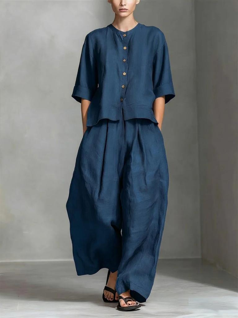 Completo Due Pezzi Donna Primavera/Estate Nuovo Casual Cotone Lino Camicia Pantaloni Larghi
