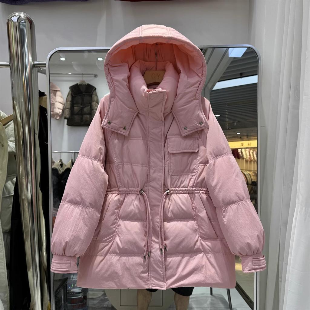 Autumn and winter new down jackets women's medium and long hooded waist drawstring thickened fashionable duck down warm jacket