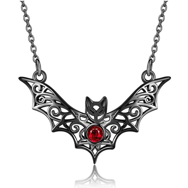 Vampire Inspired Hollow Bat Necklace With Faux Ruby Alloy Chain Halloween For