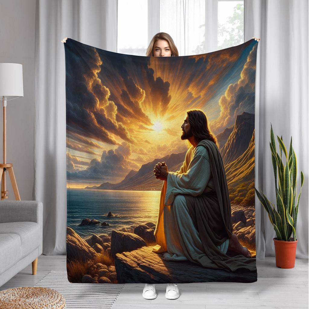 Jesus Prayer Flannel Throw Blanket Soft Lightweight All Season Seascape Sunset Print Spiritual Home Decor Sofa Travel Blankets
