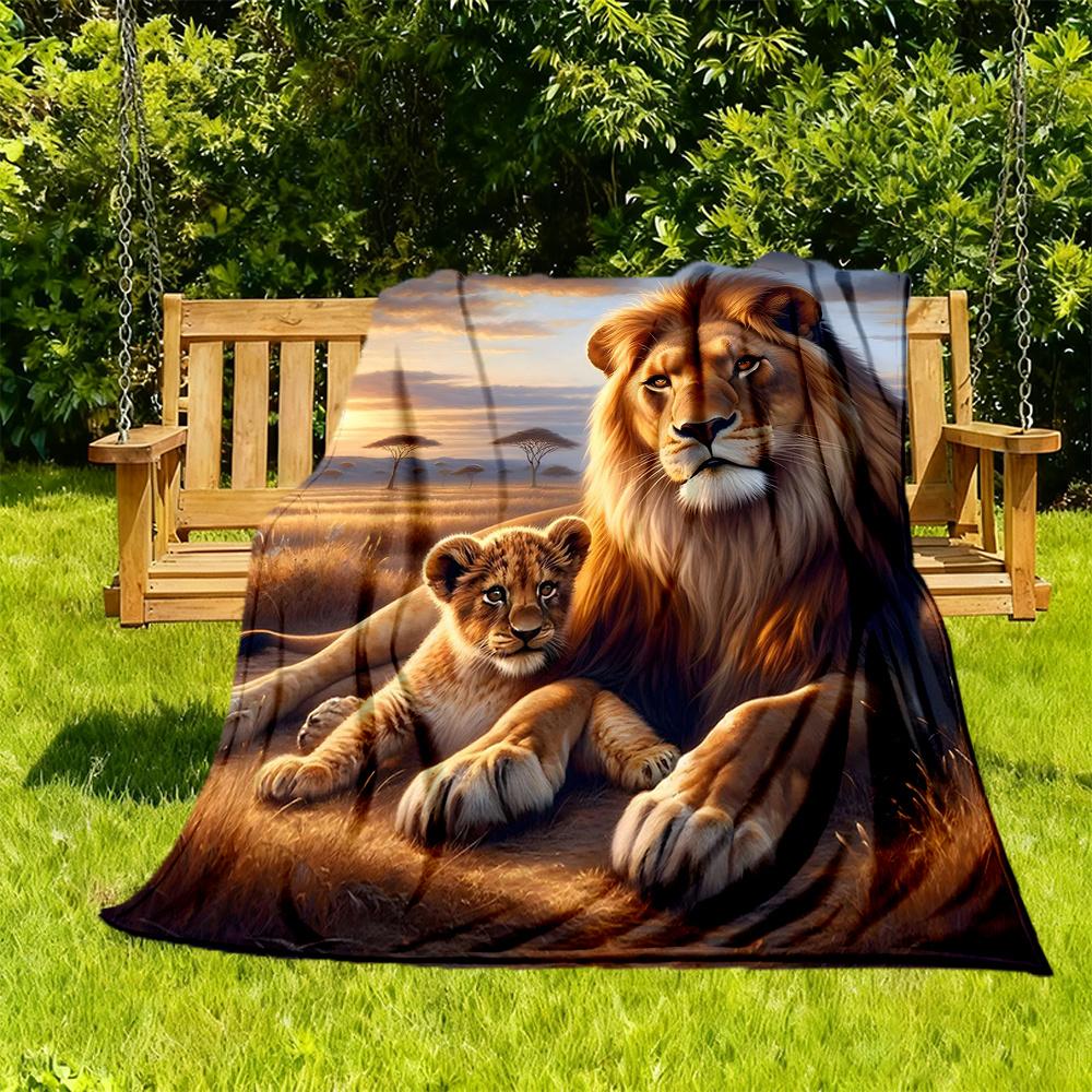 1pc Lion Cubs Flannel Blanket, Comfortable and Warm Blanket, for Camping Sofa Bed and Couch Office040
