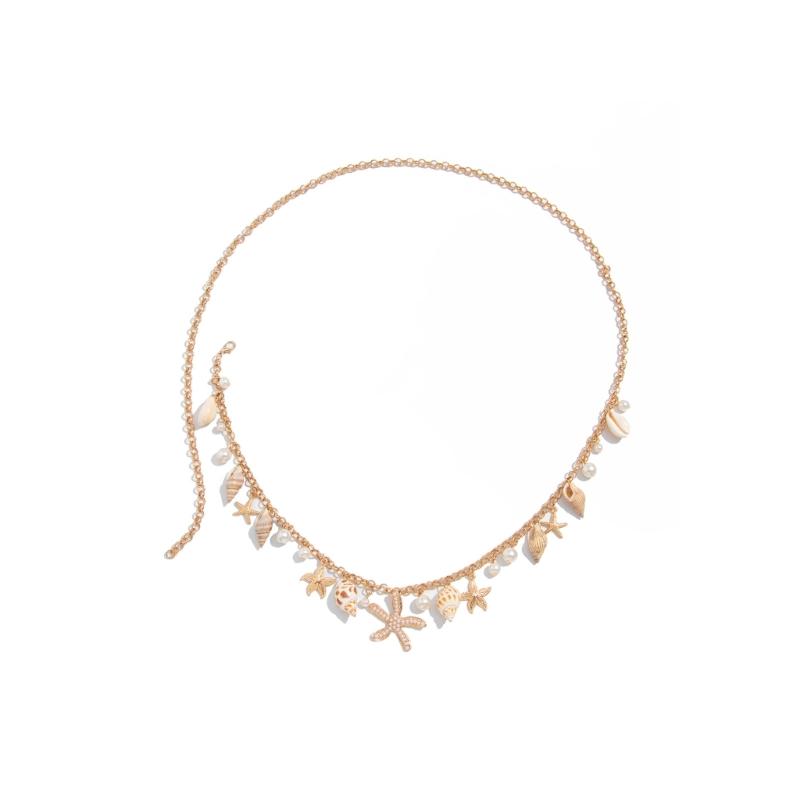 Gold Tone Waist Chain Fashionable Belly Chain with Sea Star and Faux Pearls Design for Ocean Charm Style