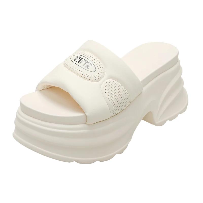 Fashion 8CM Fashion Platform High Slippers Women Open Toe Wedges Sandals Summer Soft Slipper Indoor Outdoor Leisure Beach Shoes Black