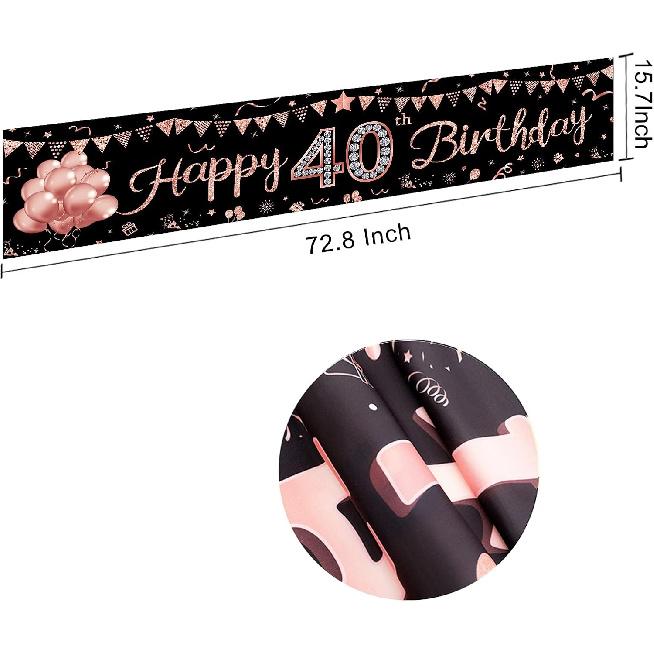 40th Birthday Banner Decorations for Women, Rose Gold Happy 40 Year Old Birthday Sign Party Supplies, Forty Bday Party Decor Photo Booth Props for
