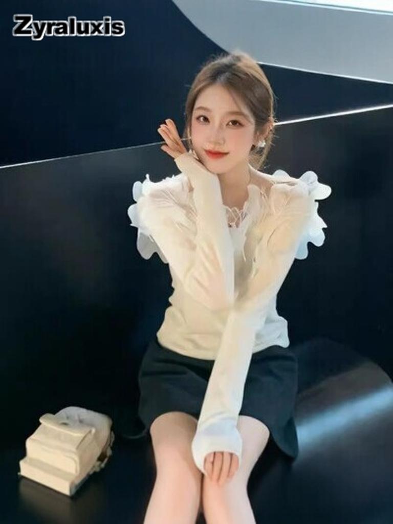 French Lace Patchwork Knit Sweater Women Spring/Autumn Delicate Slim Fit Long Sleeve Base Top Chic Commute Inner Wear