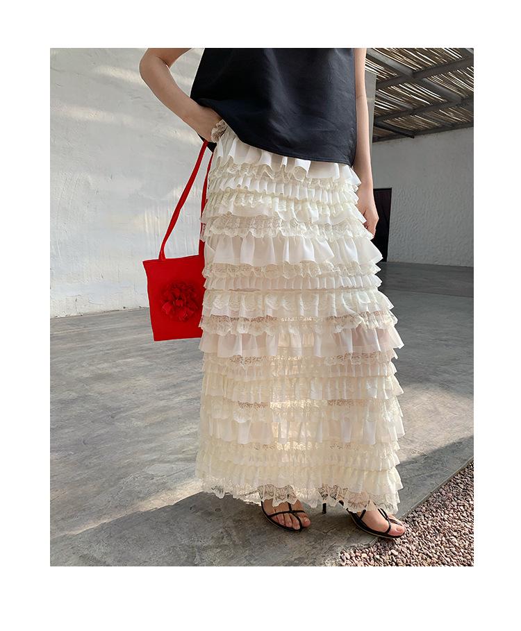 NEWOPEN Summer Pleated Lace High-Waisted Layered Cake Midi Skirt