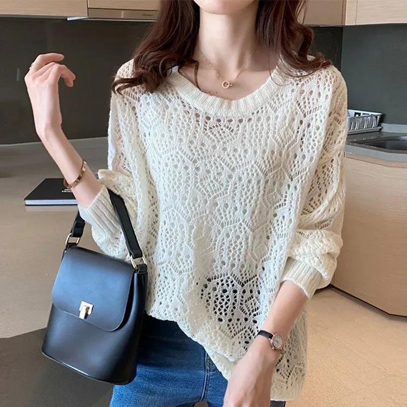 Women s Loose Crew Neck Hollow Knit Sweater Long Sleeve Sheer Crochet Cover Up Casual Thin Knit Top S