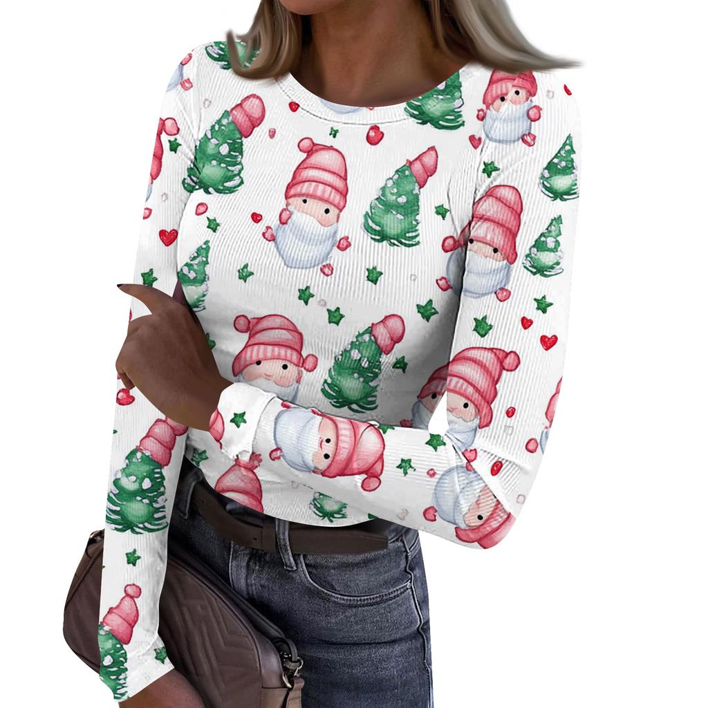 Γυναικείο Μοντέρνο Μπλουζάκι Βασικής Στρώσης Στενής Γραμμής με Στρογγυλή Λαιμόκοψη και Χριστουγεννιάτικη Εκτύπωση, Μακρυμάνικο Τοπ