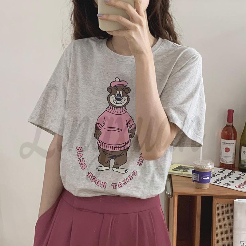 2026 Summer Korean Cartoon Print Loose Short Sleeve T-shirt Extra Large серый