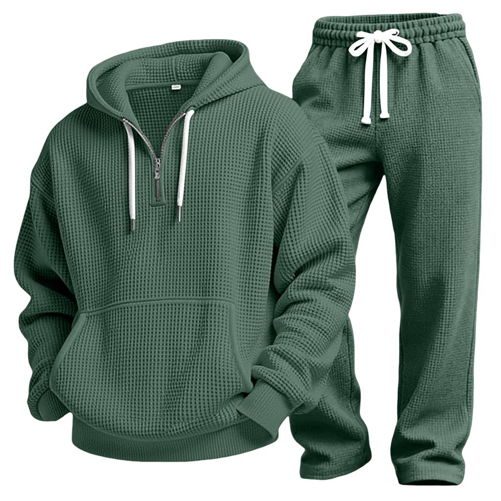 Men's  And Winter  Texture Zipper Hooded Sweatshirt Straight Pants Casual Set