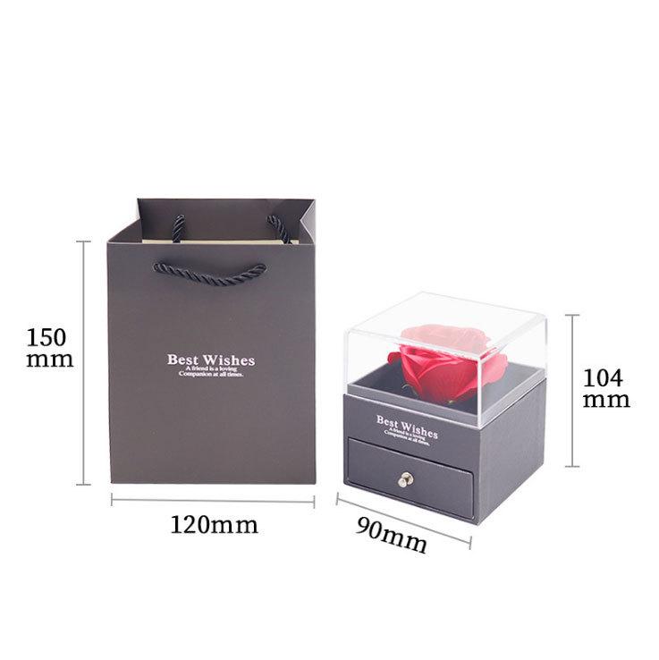 Gül Hediye Kutusu Seti (Kutu + Çanta + Çiçek + Tebrik Kartı) Küpe + Yüzük + Kolye Üç Parça Set