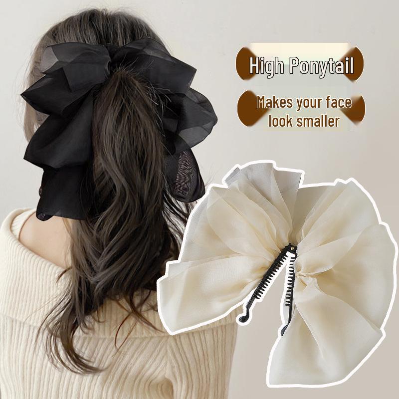 French Elegant Banana Clip with Mesh Bow for Women