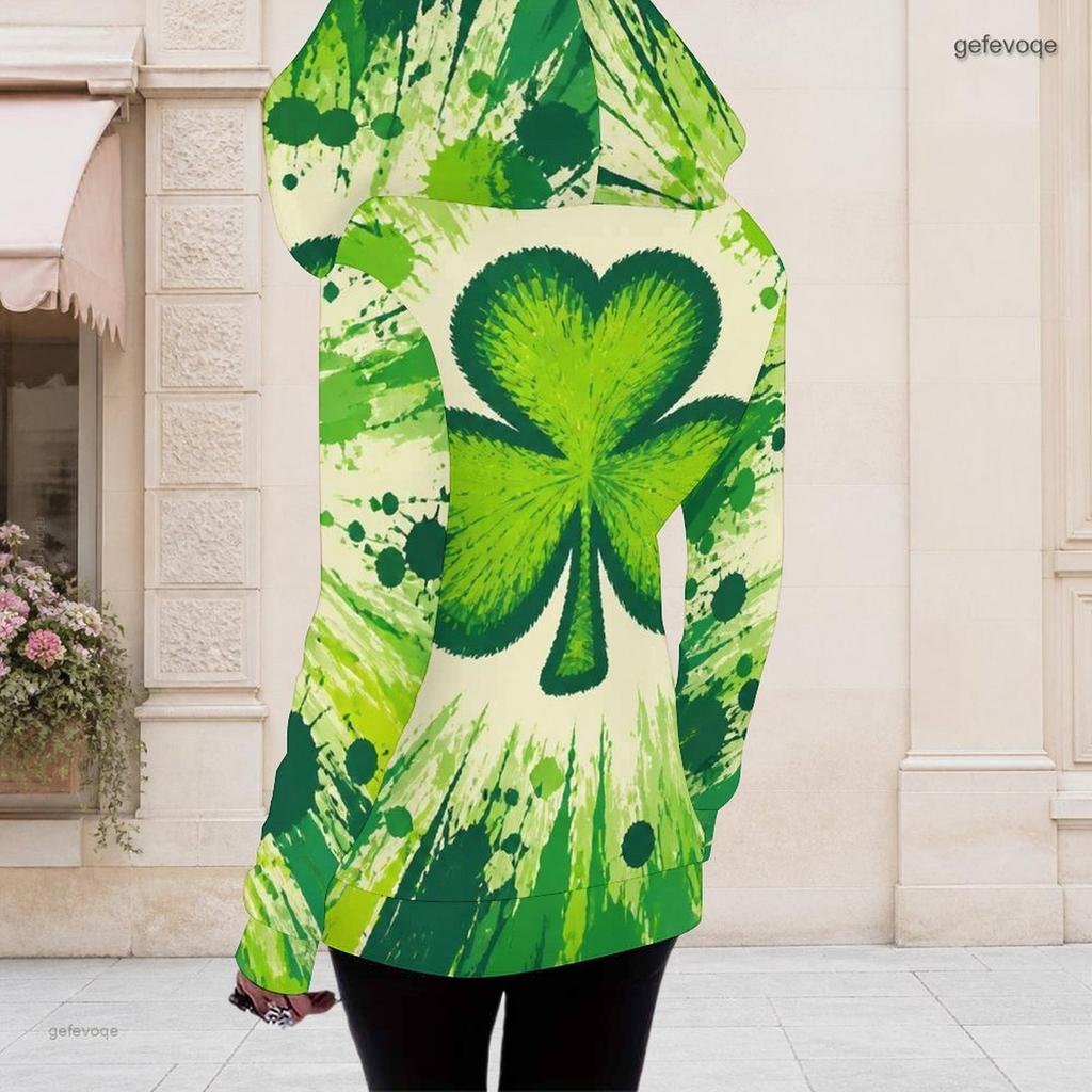 Women Plus Size Asymmetric Cutout Neck Cold Shoulder Long Sleeve Fitted Top Dark Green Golden Clover Printed