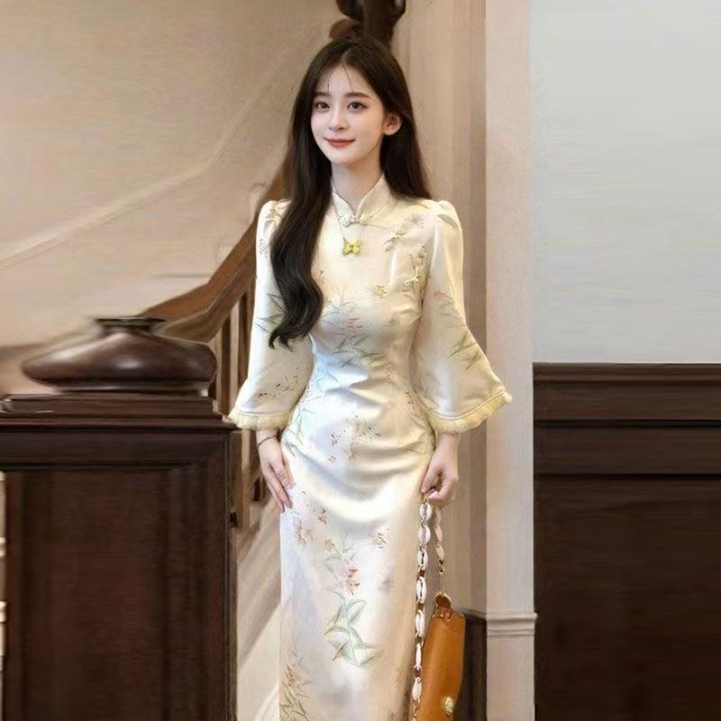(High quality) New Chinese style, improved cheongsam skirt, high-end temperament, super slim hip-wrapped dress, autumn and winter