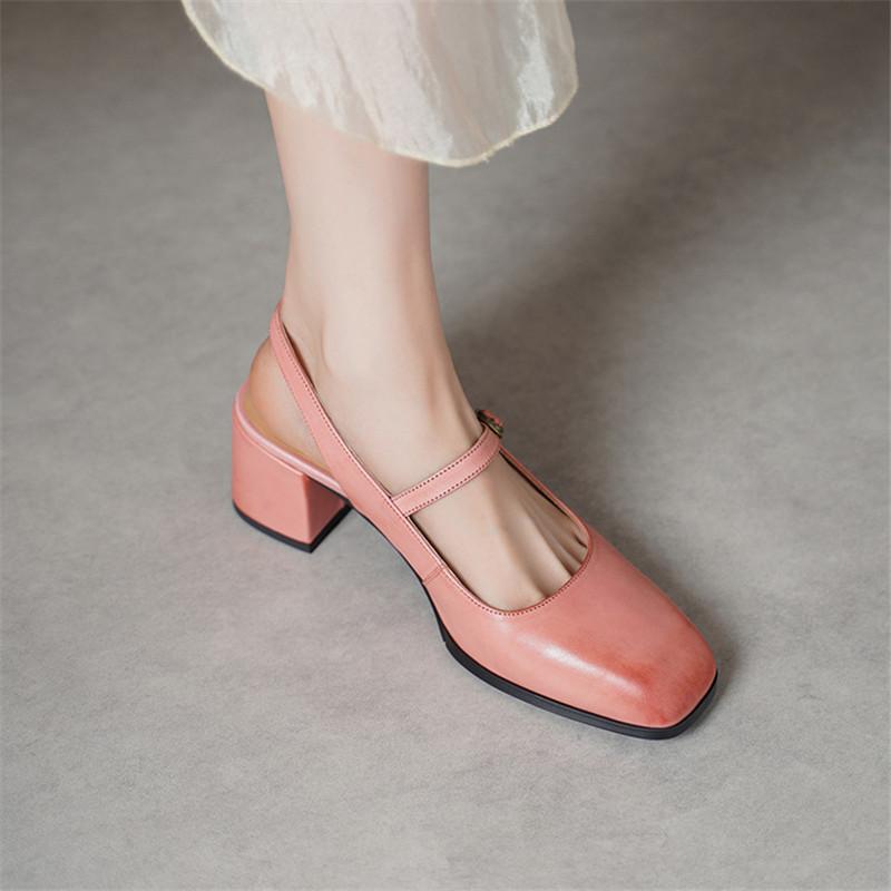 Fashion New Summer Sandals Genuine Leather Sandals for Women Fashion Square Toe High Heels Cover Toe Sandals Ladies Shoes Casual Shoes