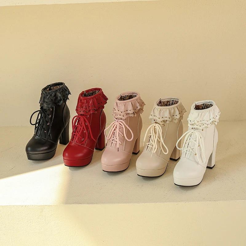 Fashion Autumn Winter Women Lolita Boots Japanese Sweet Faux Leather Shoes Ruffle Trim Lace Up Princess Lolita Cosplay Mid Calf Boots