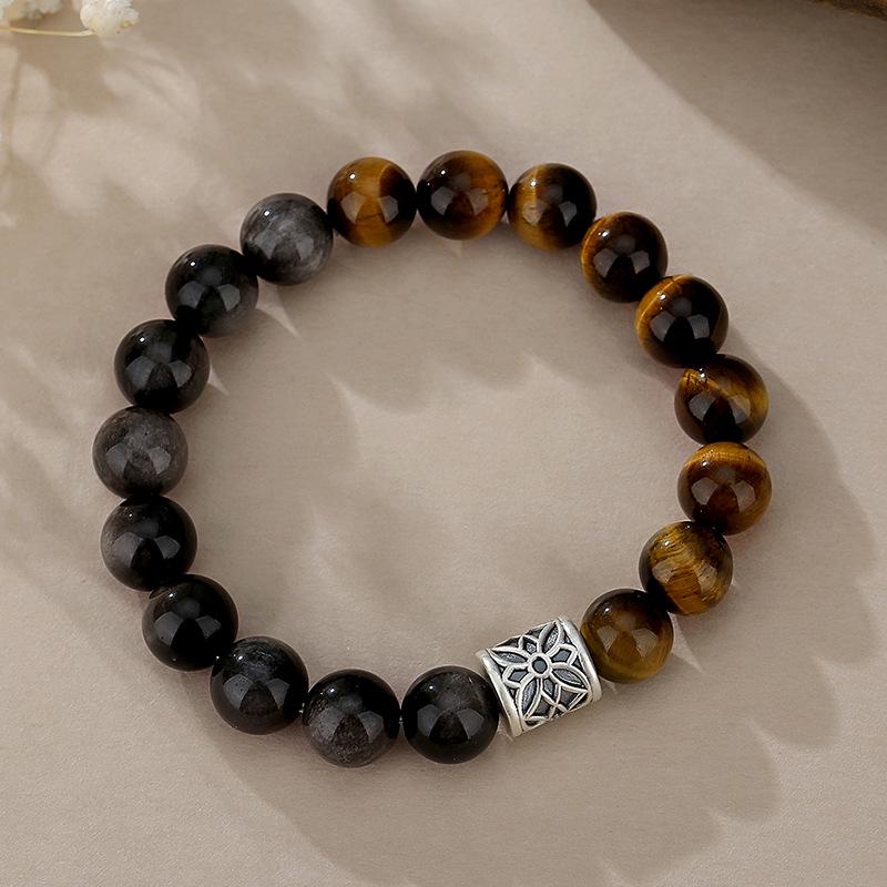 Tichiya Men s Natural Obsidian  Tiger Eye Bracelet with Pure Silver 999 Lu Lu Tong Retro Design Pure Silver