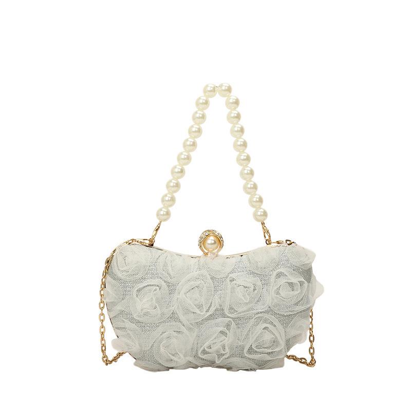 New Lace Flower Evening Bag Pearl Chain Clip Shell Bag Women Crossbody Bag