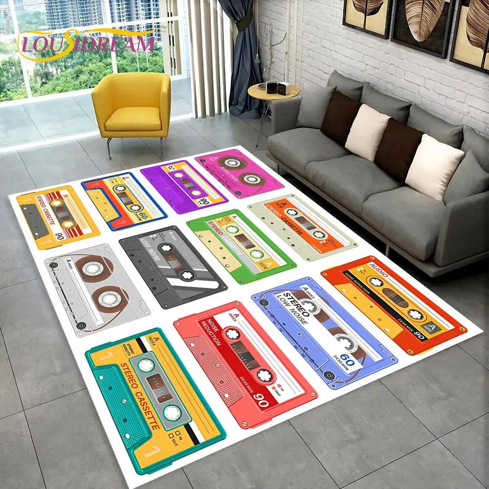 Alfombra de Área Grande con Patrón de Cinta de Cassette de Música Retro, Alfombra para Sala de Estar, Dormitorio, Sofá, Felpudo Decorativo, Felpudo Antideslizante