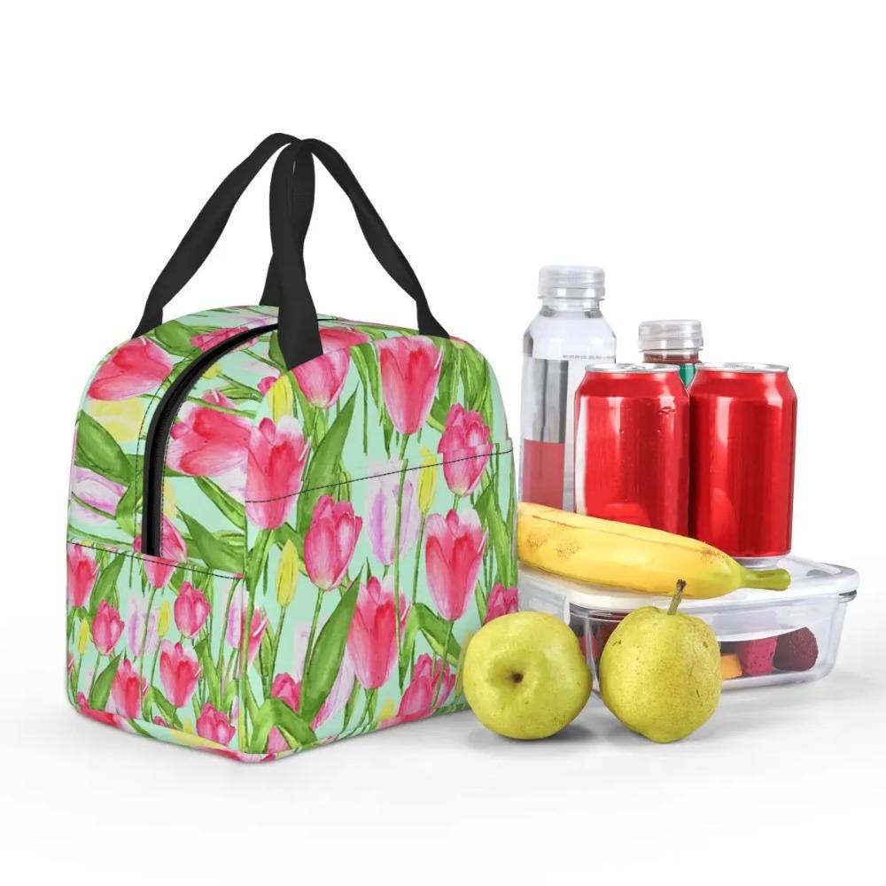 Chic Pink Floral Tulip Painting Insulated Lunch Bag for Women Kids Portable Food Boxes Thermal Lunch Box Tote