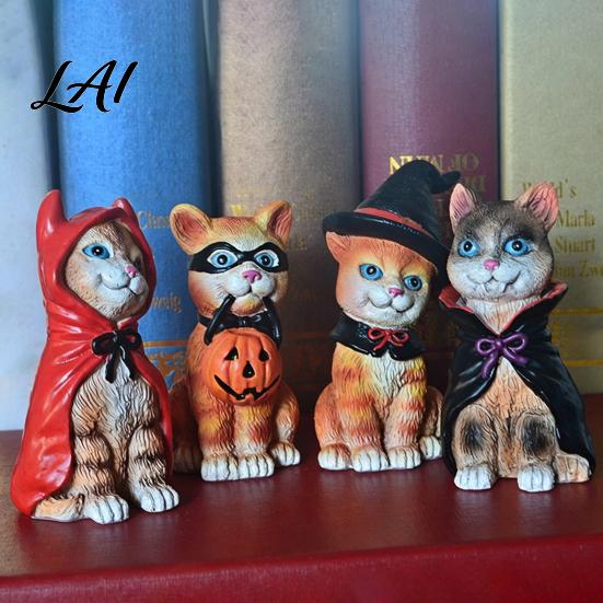Little Red Riding Hood Cat Halloween Figurine Resin Miniature Statue Desktop Animal Ornaments Wizard Statue with Witch Hat/Cloak/Pumpkin Lamp Design