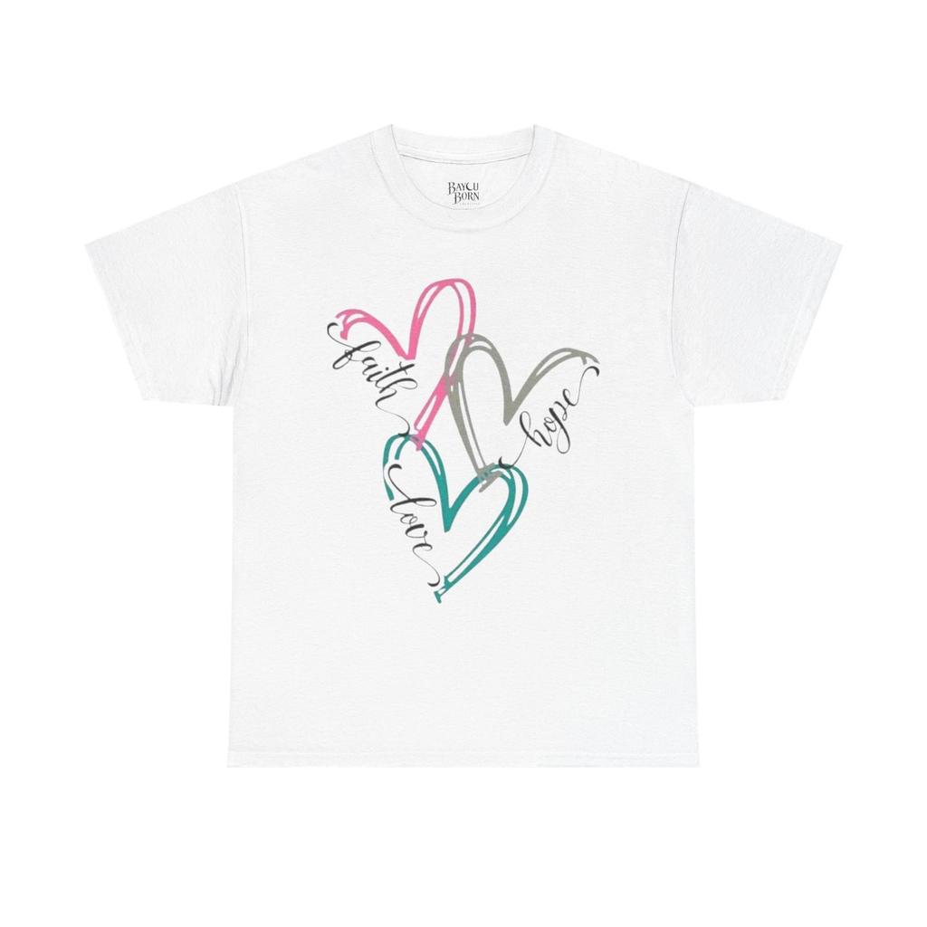 Geloof Hoop Liefde harten T-shirt | Schrift hart trio design