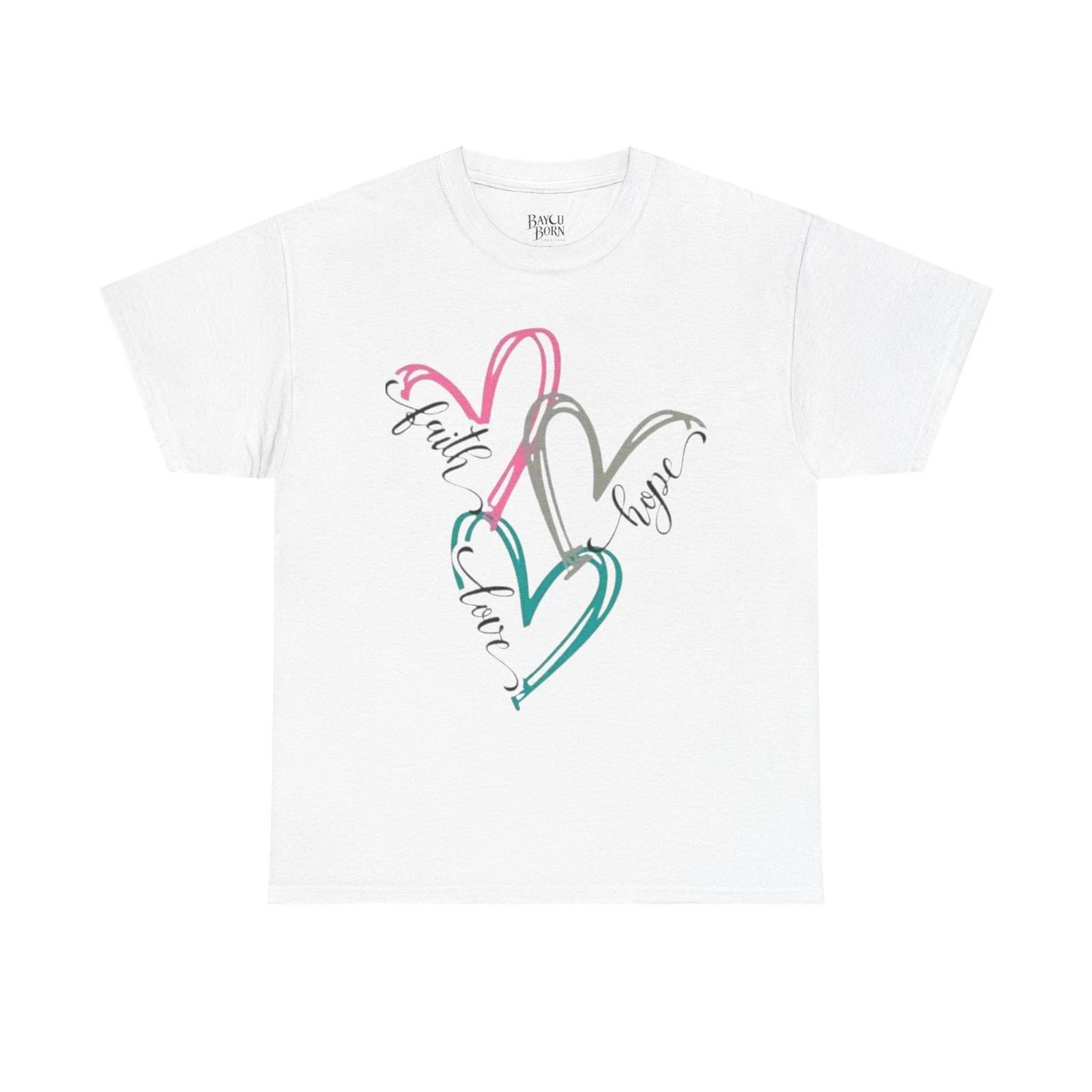 Faith Hope Love hearts T-Shirt | Script heart trio design XL