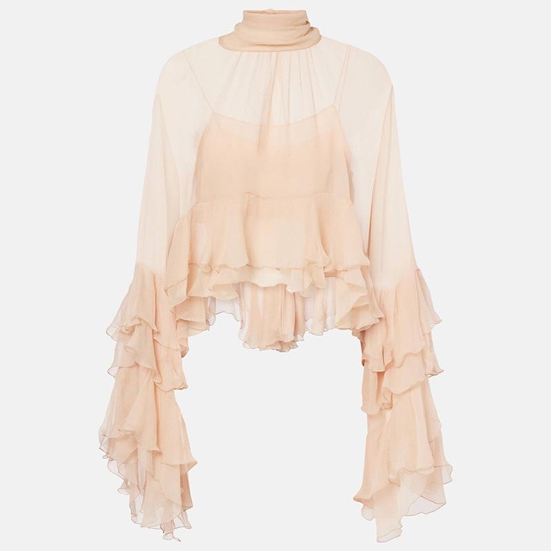 Women's High Neck Blouse with Puff Sleeves and Drawstring Hem
