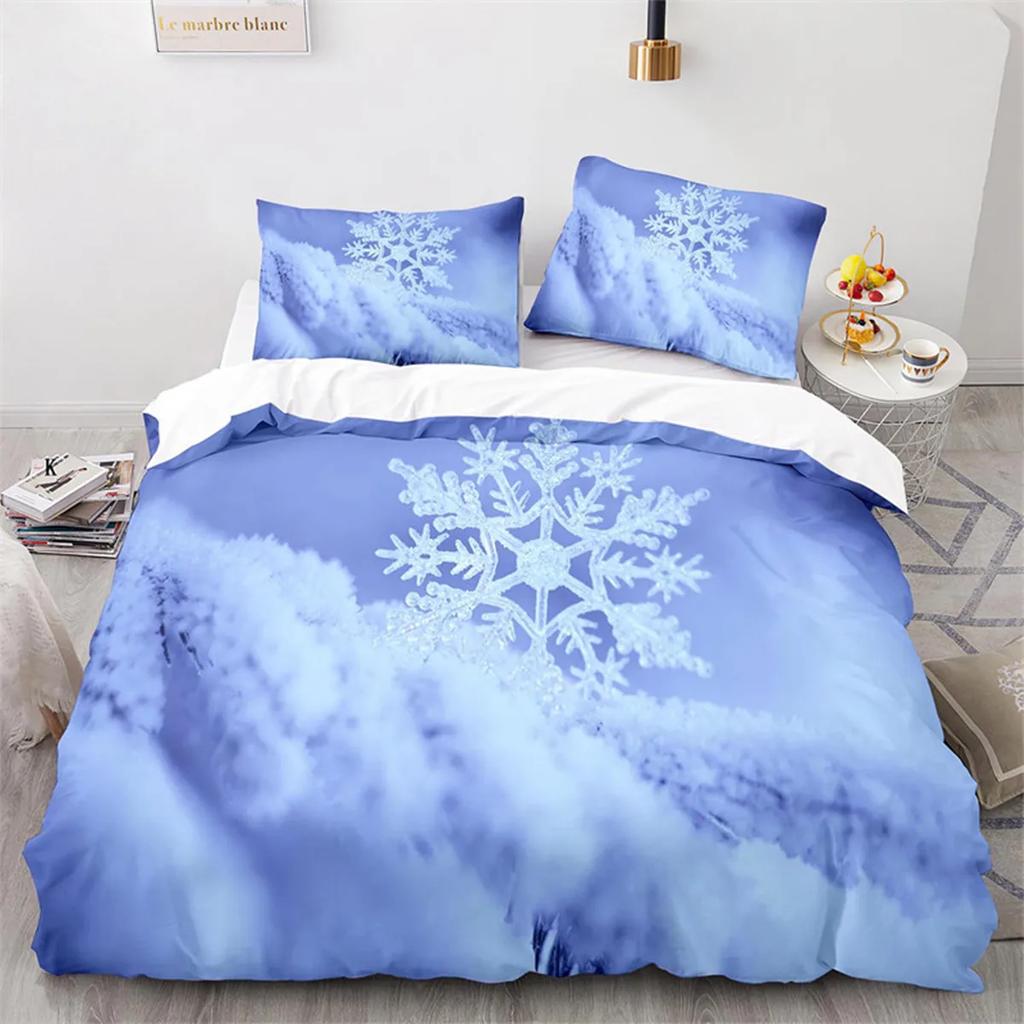 Snowflake Duvet Cover Winter Theme Geometric Pattern Microfiber Blue Floral Quilt Cover for Girl Children Christmas Decorations