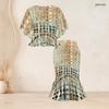 Women Plus Size Printed Two Piece Skirt Set Round Neck Batwing Sleeve Ruffle Hem Top Fishtail Skirt Black Grey Gold