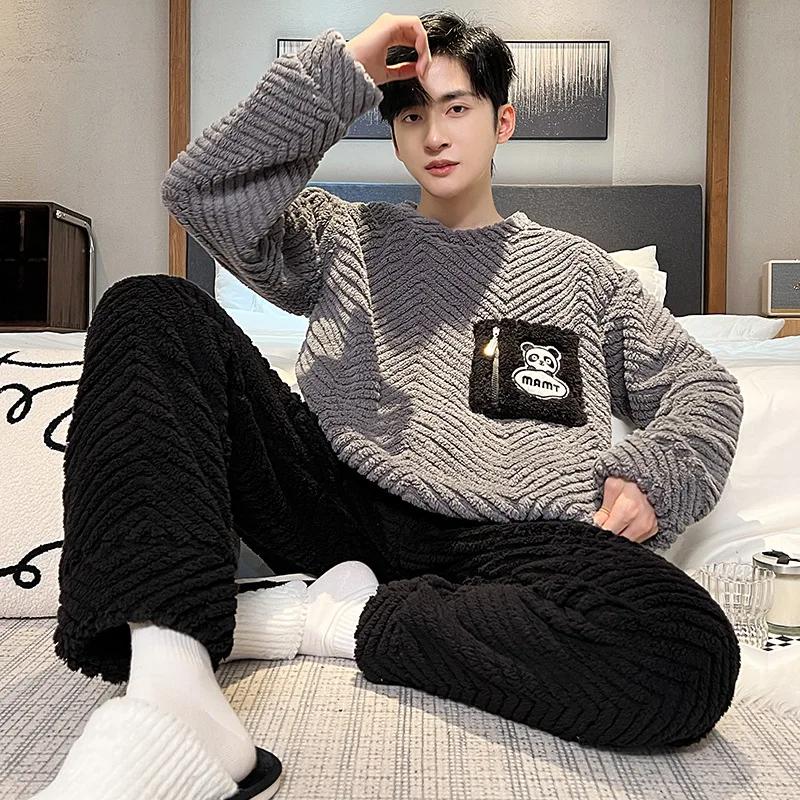 Higher Quality Thickened Warm Flannel Plus Size Men Pajamas Winter Nightwear Loungewear Striped Sleepwear Homewear Cartoon Bear