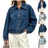 Veste en jean décontractée rétro pour femme à manches longues, col à revers et fermeture éclair sur le devant