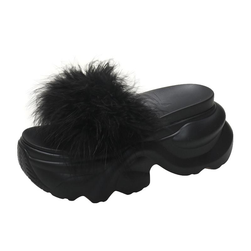 

Женские шлепанцы на платформе, пушистые сандалии, пляжная обувь, каблуки-танкетка 8,5 см, открытые носки, женские уличные шлепанцы для женщин 34 чёрный