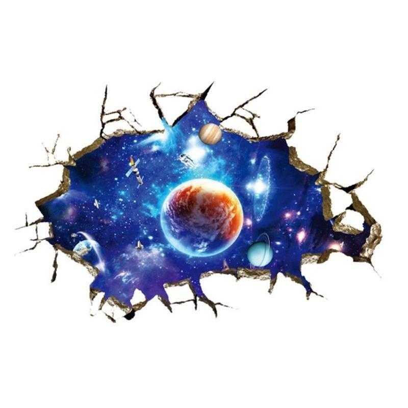 New 1Pc 3D Stereo Broken Wall Space Planet Wall Sticker Bedroom Living Room Ceiling Decoration Paste