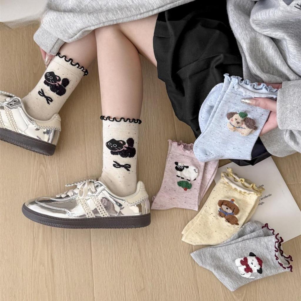 5 Pairs Autumn-Winter Cotton Mid-Tube Socks Ruffled Cartoon Design for Women