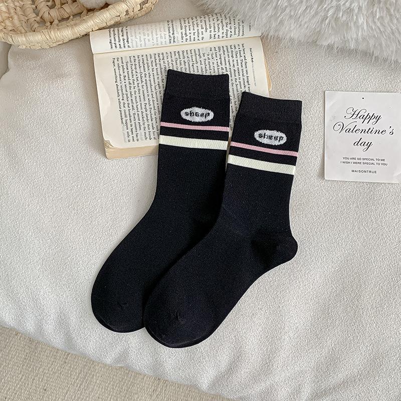 Female Spring and Autumn Lovely Assorted Cartoon Floss Lamb Striped Boneless Tube Pile Socks