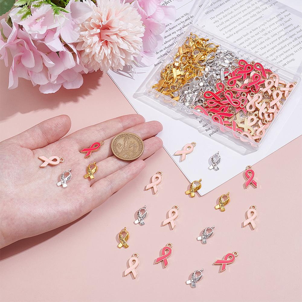 120Pcs 4 Styles Breast Cancer Awareness Ribbon Carved Word Hope Tibetan Style Alloy Message Pendants with Enamel Mixed Color 17~20x8~10x2~3mm