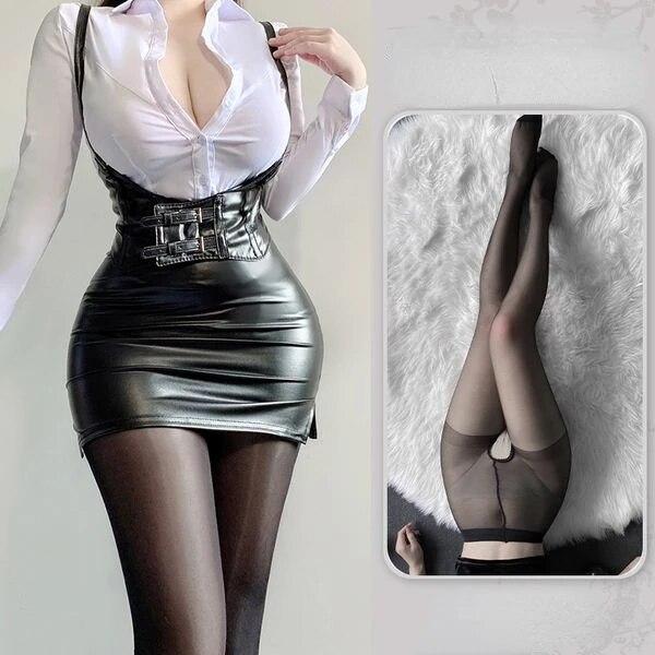 Sexy OL Sekretärin Uniform Cosplay Kostüm Lehrer Outfits Hemd Leder Minirock Anzug Rollenspiele Nachtclub Kleidung Halloween