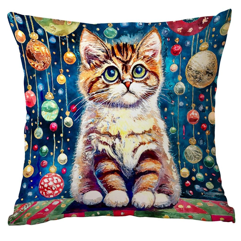 New Cartoon Christmas Pillowcase Christmas Watercolor Cat Creative Watercolor Holiday Home Pillow Pillowcase