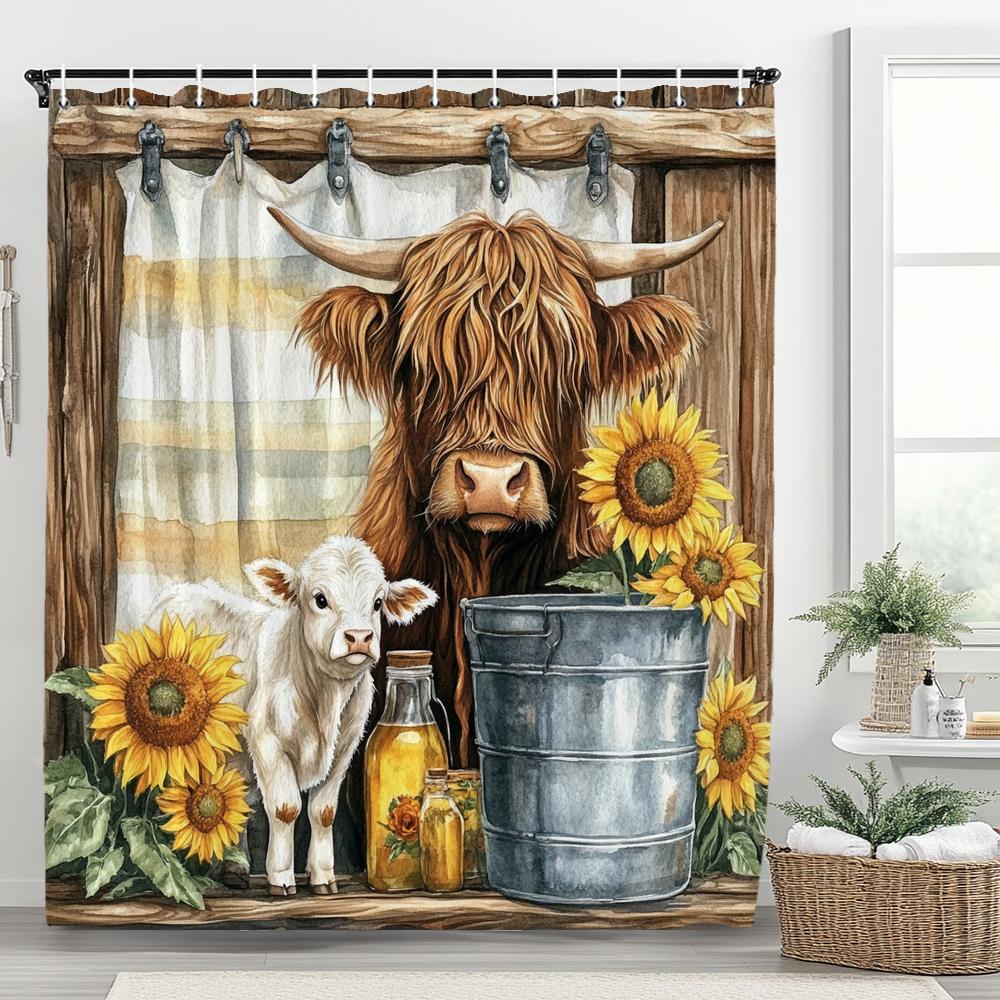 Cute Highland Cow Shower Curtain,Farmhouse Rustic Cow Animal Floral Bathroom Curtain,Decorative Fabric Home Curtain With Hooks